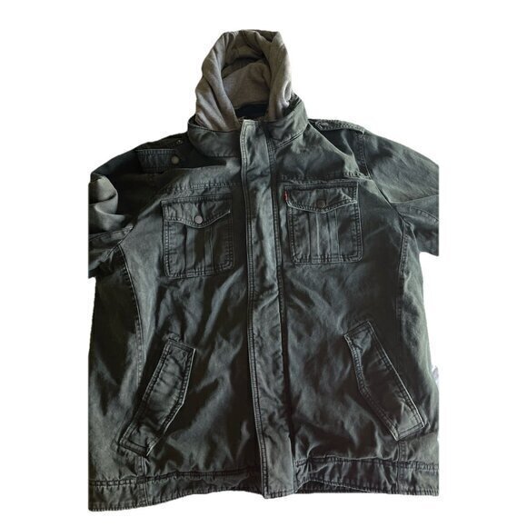 Vintage Levis Trucker Jacket Mens Sz L Black Gray Denim Hoodie Zip Snap Military - Picture 1 of 16